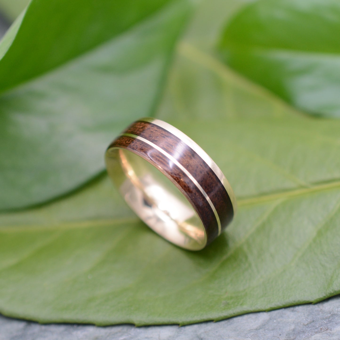 Gold and wood wedding band with 14k recycled gold and walnut wood