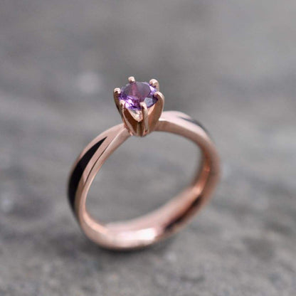 Amethyst Solitaire Wood Ring, Wood Diamond Gold Engagement Ring, Diamond Gold Wood Ring, Wedding Ring, Engagement Ring