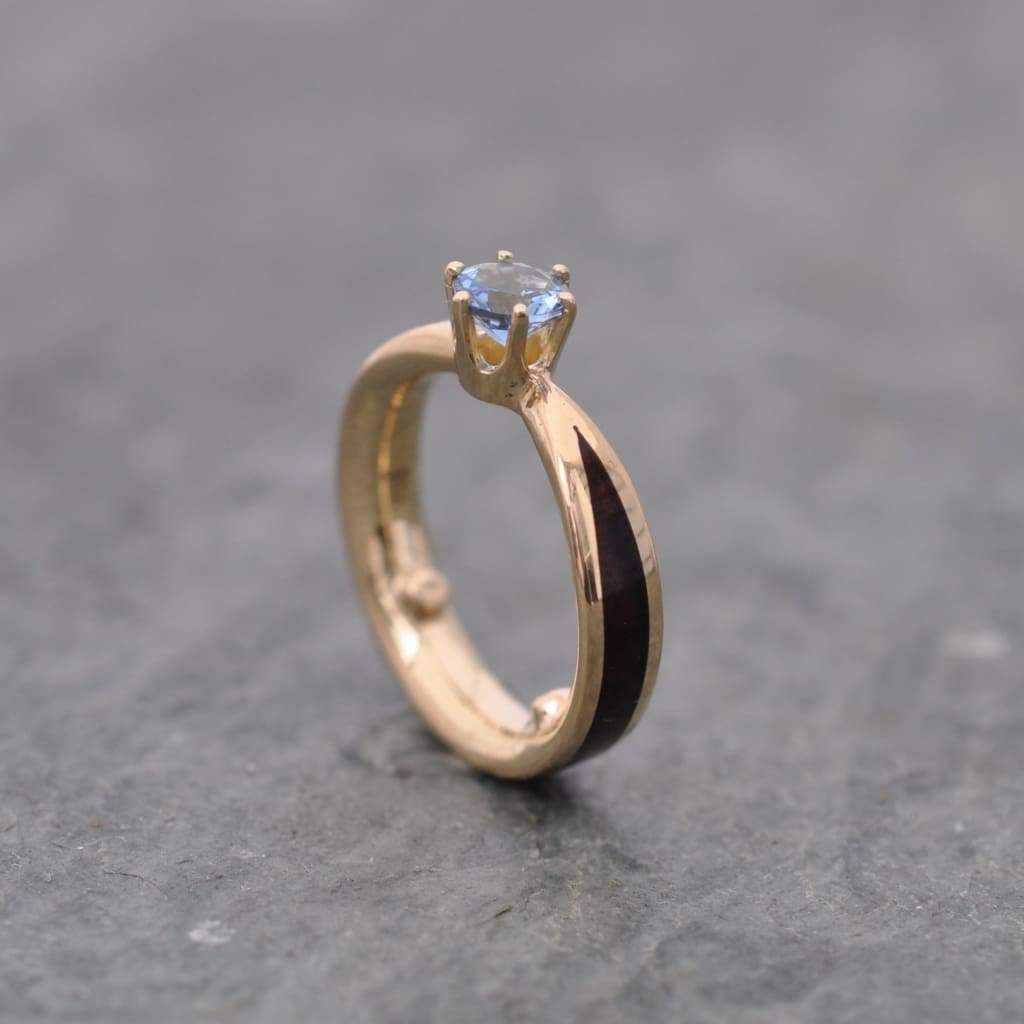 Aquamarine custom wooden engagement ring with 14k recycled yellow gold and ethical gemstone