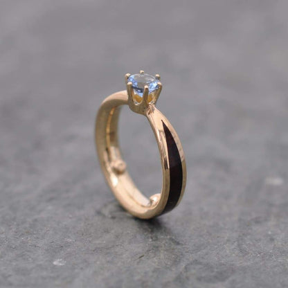 Aquamarine custom wooden engagement ring with 14k recycled yellow gold and ethical gemstone