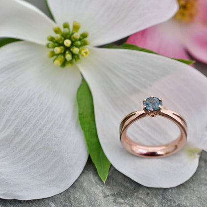 Handcrafted aquamarine solitaire ring with dogwood wood inlay and rose gold
