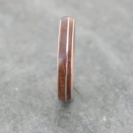 Rose Gold Bourbon Barrel Comfort Fit Wood Ring, Asi Wood Inlay Ring - Naturaleza Organic Jewelry & Wood Rings