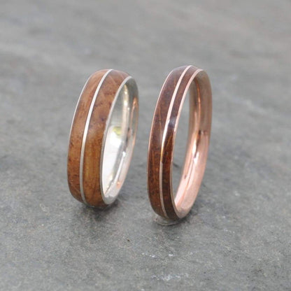 Rose Gold Wood Wedding Band, Rose Gold Wood Ring, Rose Gold Wood Inlay Ring, Mens Wooden Ring, Wooden Wedding Band, Comfort Fit Wood Ring - Naturaleza Organic Jewelry & Wood Rings