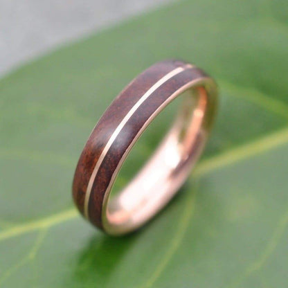 Rose Gold Wood Wedding Band, Rose Gold Wood Ring, Rose Gold Wood Inlay Ring, Mens Wooden Ring, Wooden Wedding Band, Comfort Fit Wood Ring - Naturaleza Organic Jewelry & Wood Rings