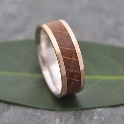 Eco-friendly bourbon barrel ring with recycled gold and silver metals