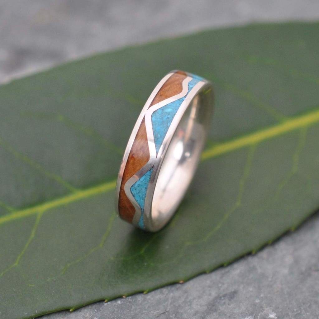 Bourbon barrel and turquoise ring with sterling silver, comfort fit