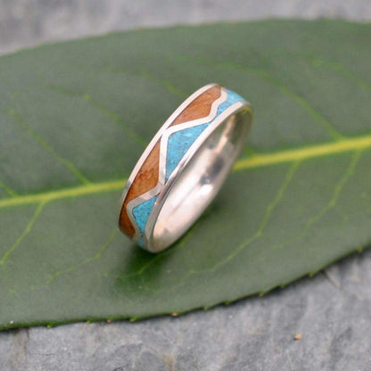 Mens bourbon barrel wedding band with turquoise stone and sterling silver