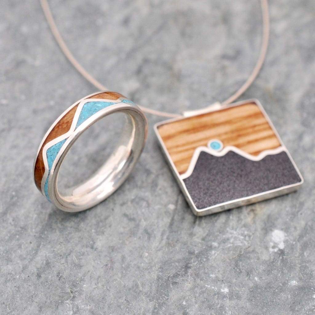 Turquoise mountain range inlay ring with bourbon barrel and recycled silver