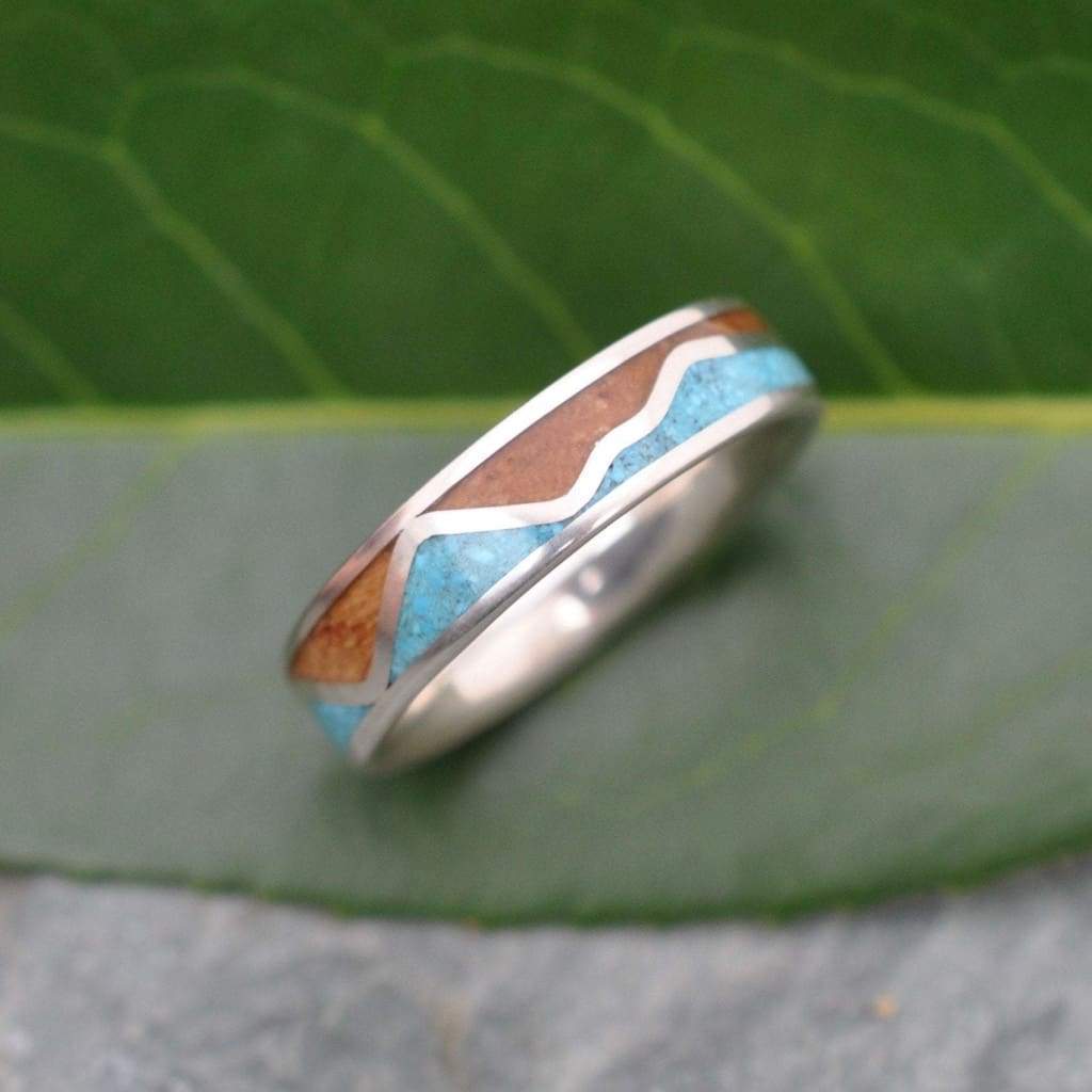 Custom wood wedding band with bourbon barrel, turquoise and sterling silver