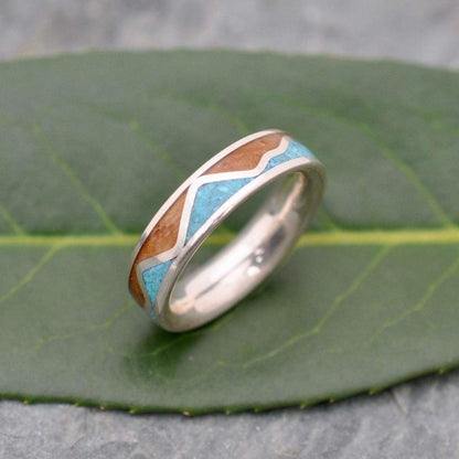 Handcrafted bourbon barrel wood ring with turquoise mountain range inlay
