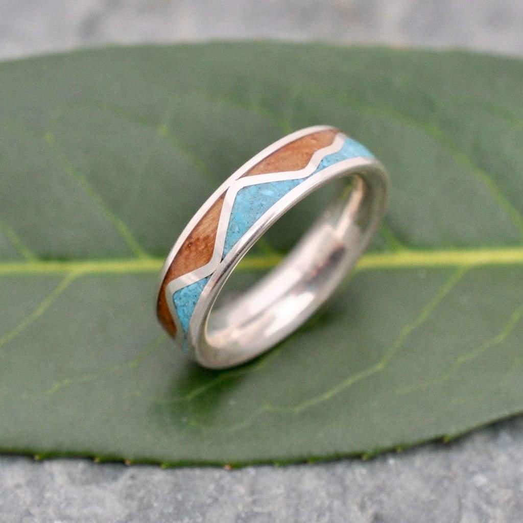 Turquoise mountain range wood ring with recycled sterling silver