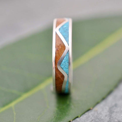 Reclaimed bourbon barrel wood wedding band with turquoise stone inlay