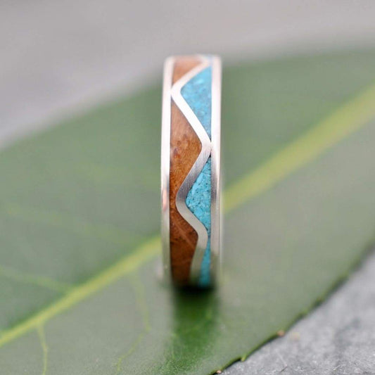 Reclaimed bourbon barrel wood wedding band with turquoise stone inlay