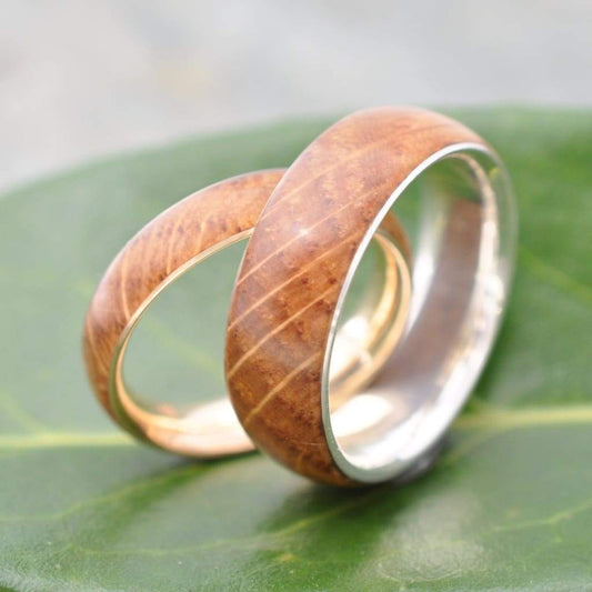 Bourbon barrel wedding band with sterling silver, Siempre design