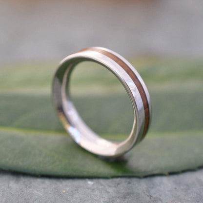Reclaimed bourbon barrel wood ring with recycled white gold, comfort fit