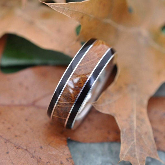 Bourbon barrel wedding band with coyol seed and sterling silver, Juntos design