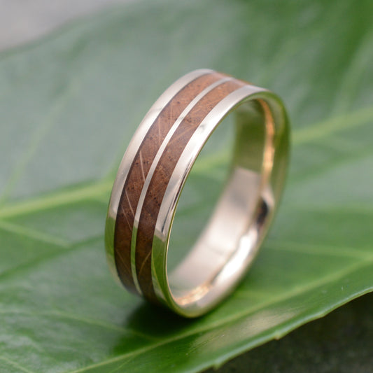 Bourbon barrel wedding band with 14k yellow gold, Lados Linea design, handmade in Louisville