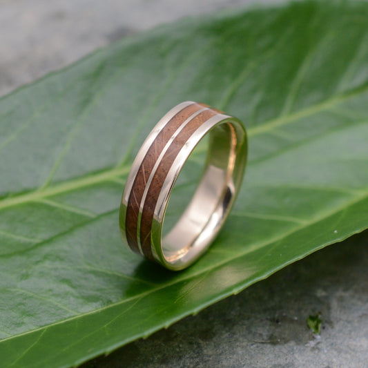 Lados Linea bourbon barrel wood wedding ring with 14k solid yellow gold