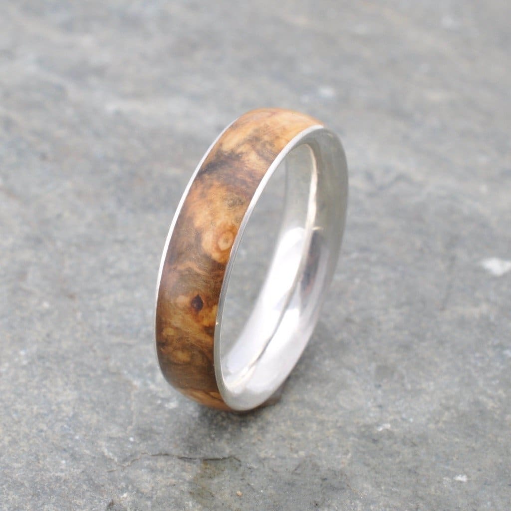 burled wood wedding ring with recycled sterling silver