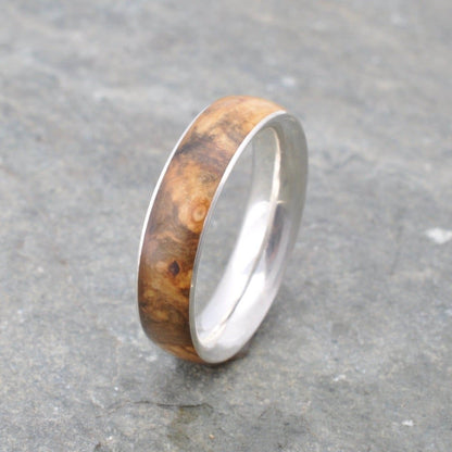 burled wood wedding ring with recycled sterling silver