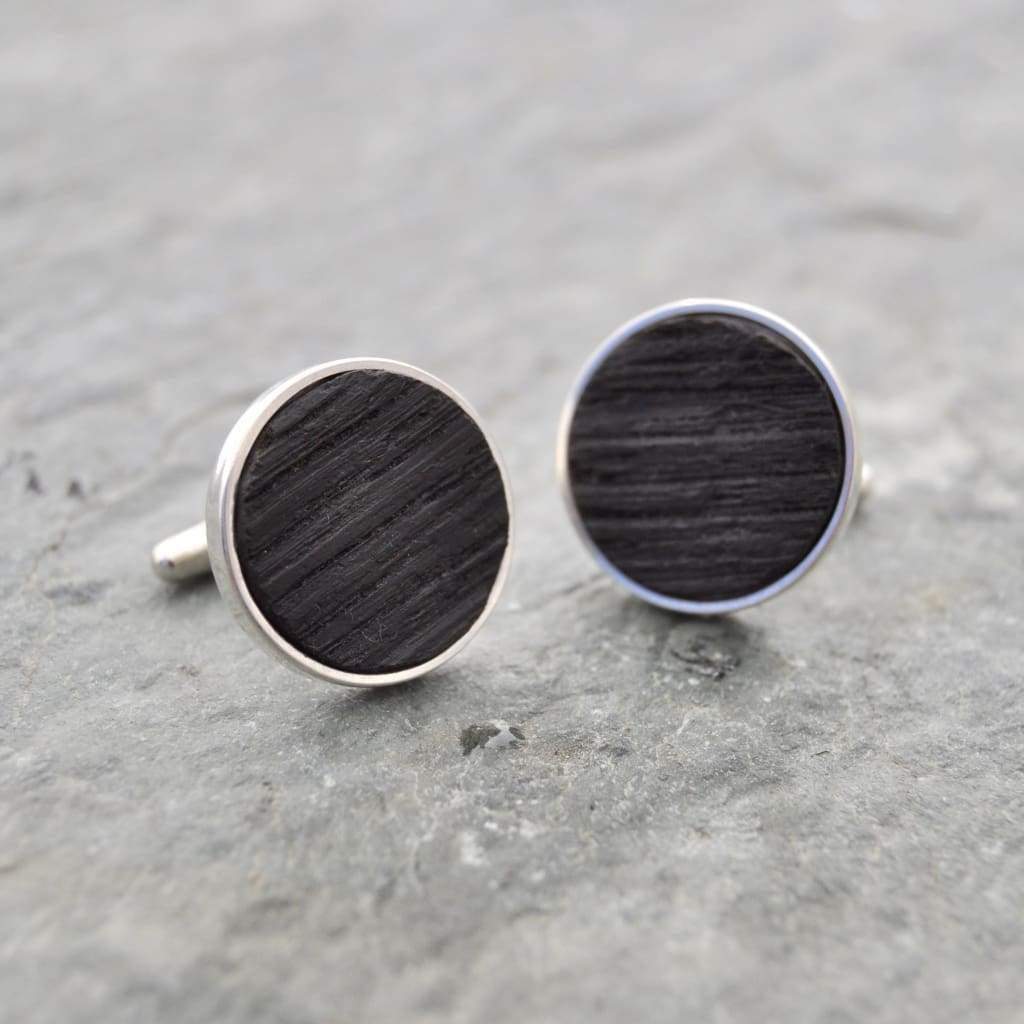 Circle Charred Bourbon Barrel Cufflinks in Sterling Silver - Naturaleza Organic Jewelry & Wood Rings