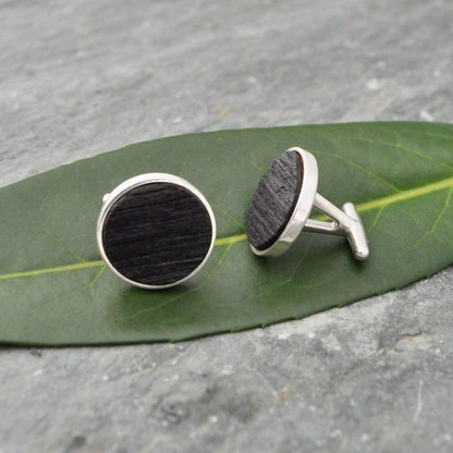 Circle Charred Bourbon Barrel Cufflinks in Sterling Silver - Naturaleza Organic Jewelry & Wood Rings