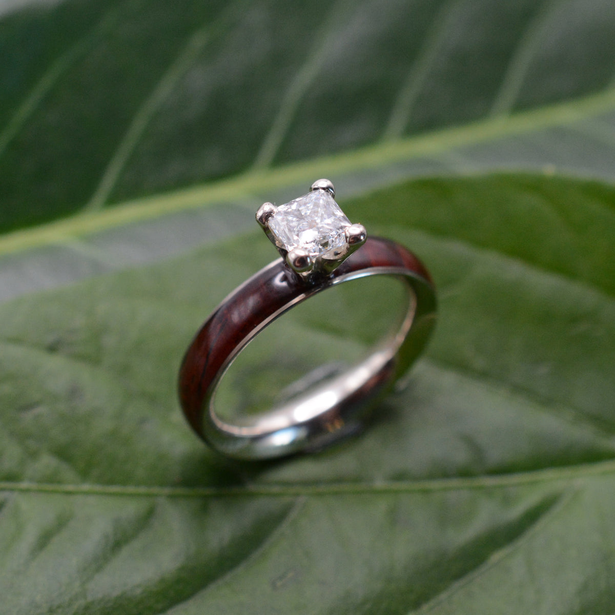 Princess cut diamond wood engagement ring with cocobolo wood band handmade in Louisville KY