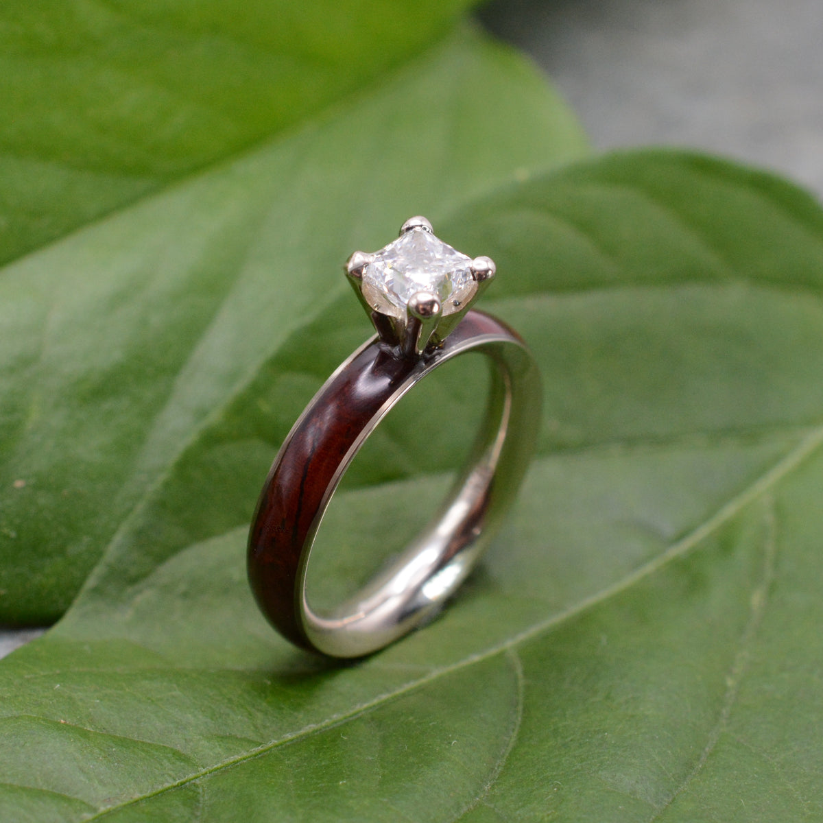Princess cut diamond wood engagement ring with cocobolo wood band detail view