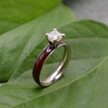 Princess cut diamond wood engagement ring with cocobolo wood band detail view