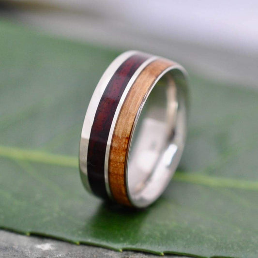 Two-wood bourbon barrel wedding band with cocobolo and sterling silver, Un Lado Asi design
