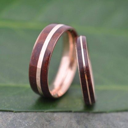 Rose Gold Wood Wedding Band, Asi Rose Gold Guapinol Wood Ring, Rose Gold Wood Inlay Ring, Mens Wooden Ring, Comfort Fit Wood Ring