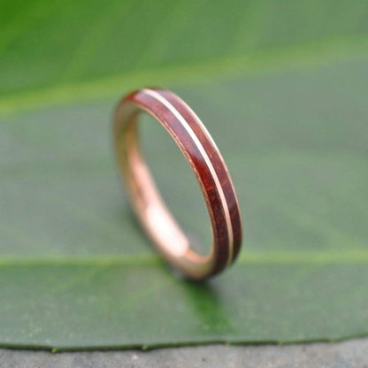 Rose Gold Wood Wedding Band, Asi Rose Gold Guapinol Wood Ring, Rose Gold Wood Inlay Ring, Mens Wooden Ring, Comfort Fit Wood Ring