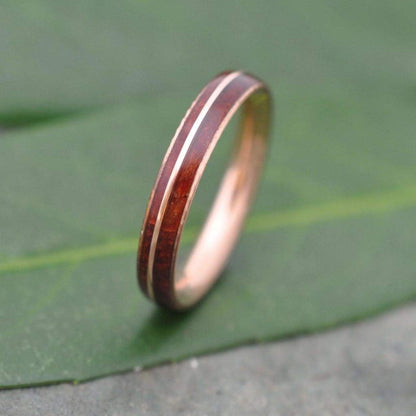 Rose Gold Wood Wedding Band, Asi Rose Gold Guapinol Wood Ring, Rose Gold Wood Inlay Ring, Mens Wooden Ring, Comfort Fit Wood Ring