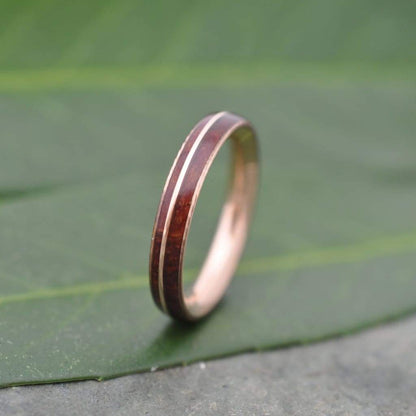 Rose Gold Wood Wedding Band, Asi Rose Gold Guapinol Wood Ring, Rose Gold Wood Inlay Ring, Mens Wooden Ring, Comfort Fit Wood Ring