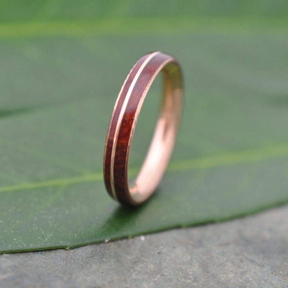 Rose Gold Wood Wedding Band, Asi Rose Gold Guapinol Wood Ring, Rose Gold Wood Inlay Ring, Mens Wooden Ring, Comfort Fit Wood Ring