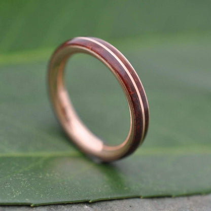 Rose Gold Wood Wedding Band, Asi Rose Gold Guapinol Wood Ring, Rose Gold Wood Inlay Ring, Mens Wooden Ring, Comfort Fit Wood Ring