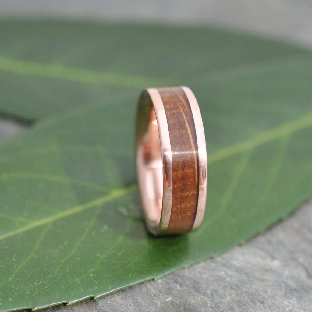 Comfort Fit Bourbon Barrel Wood and Rose Gold Wedding Ring