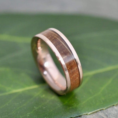 Rose Gold Bourbon Barrel Wood Ring Comfort Fit, Whiskey Barrel Ring, Bourbon Wood Ring, Mens Wood Wedding Band, Rose Gold Wedding Ring