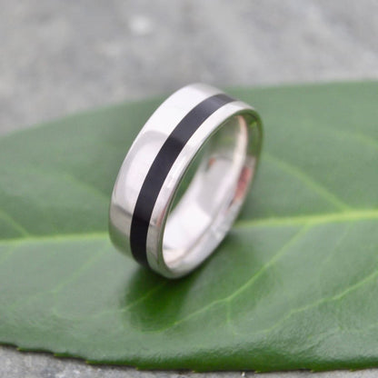 Sterling Silver Black Wood Wedding Band, Comfort Fit Equinox Coyol - Naturaleza Organic Jewelry & Wood Rings