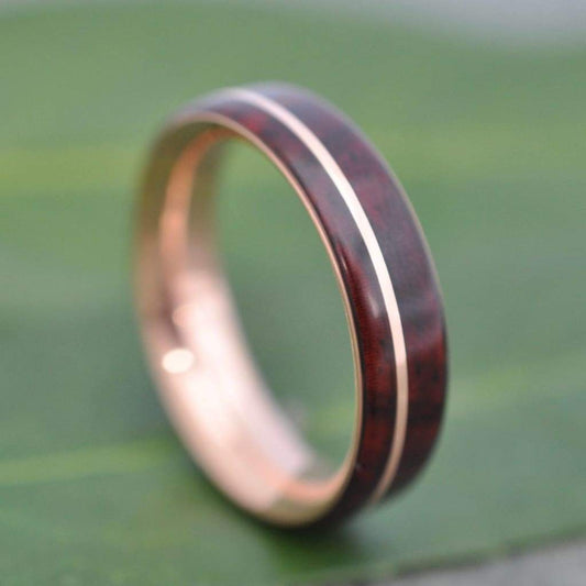 Cocobolo Rose Gold Wood Wedding Band, Nambaro Asi Rose Gold  Wood Ring, Rose Gold Wood Inlay Ring, Mens Wooden Ring, Comfort Fit Wood Ring