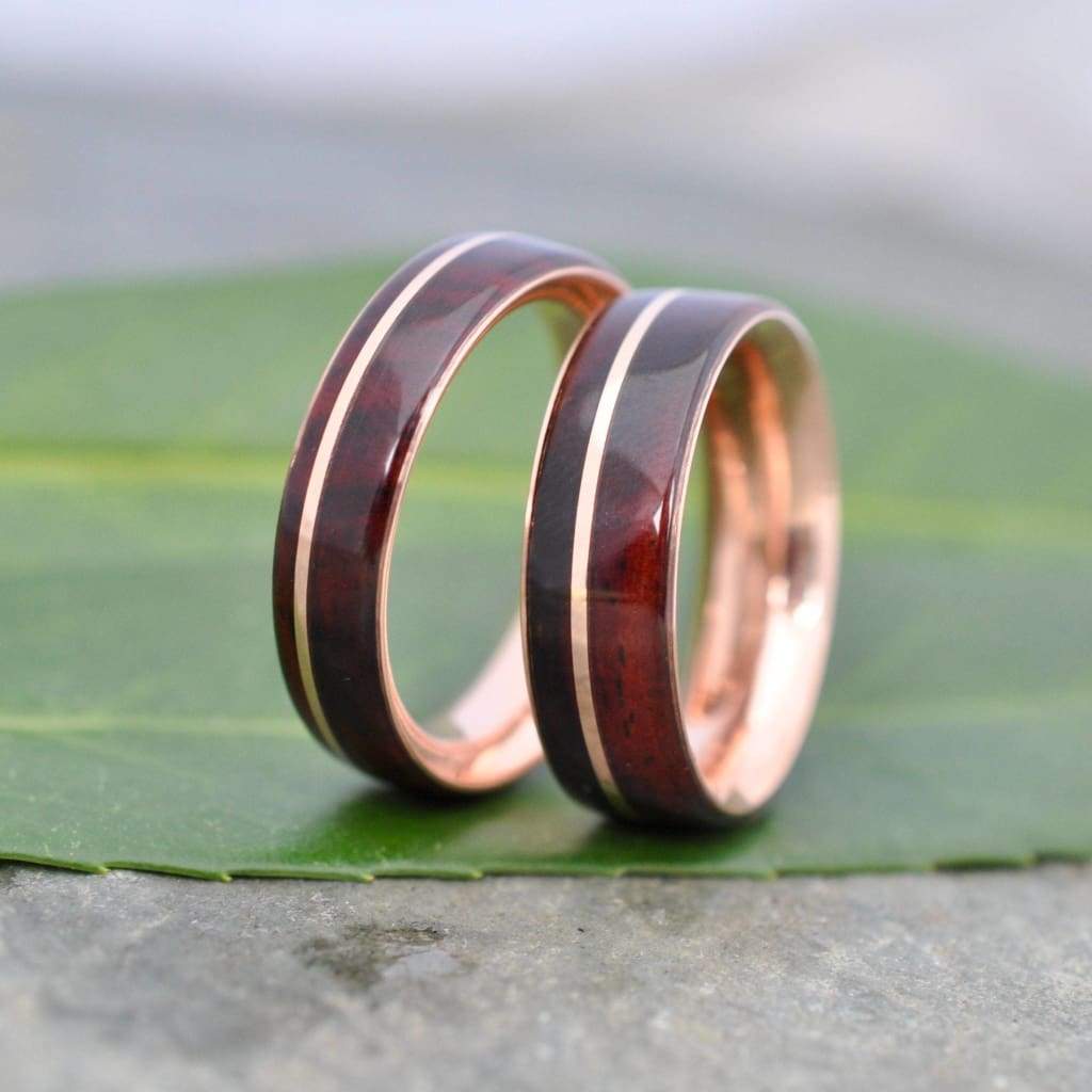 Cocobolo Rose Gold Wood Wedding Band, Nambaro Asi Rose Gold  Wood Ring, Rose Gold Wood Inlay Ring, Mens Wooden Ring, Comfort Fit Wood Ring