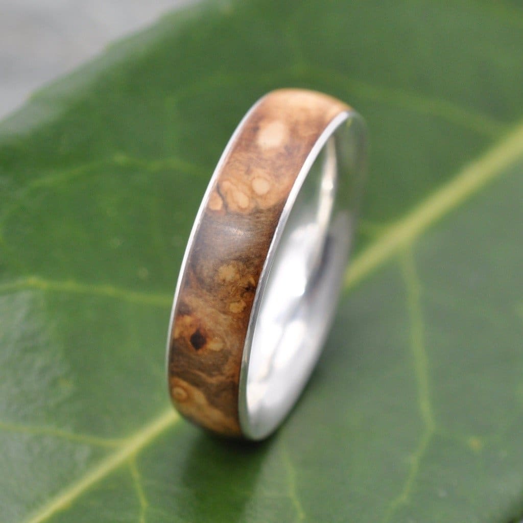 wood and silver wedding band with cypress burl, siempre
