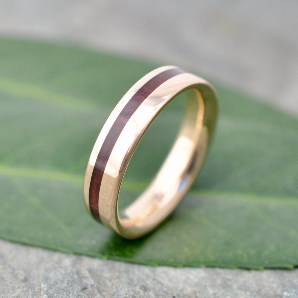 Yellow Gold Wood Inlay Ring Equinox Guapinol Comfort Fit Wood Ring Mens Wood Wedding Band Gold and Wood Wedding Ring