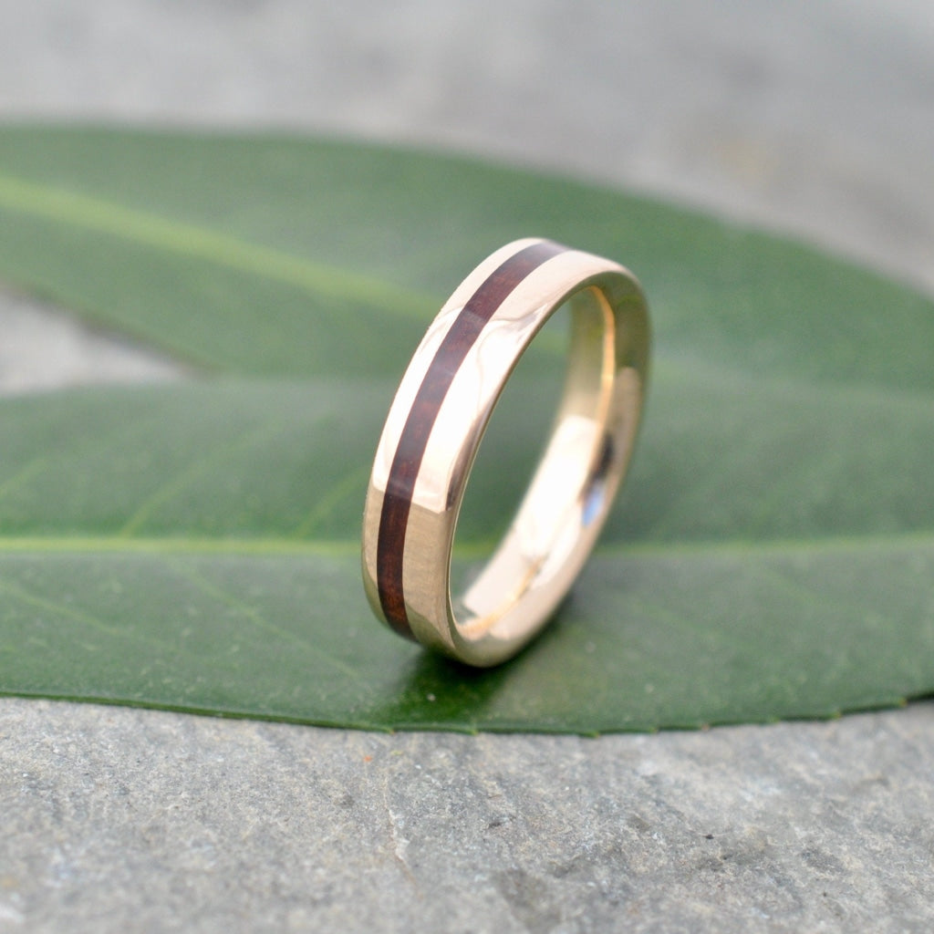 Yellow Gold Wood Inlay Ring Equinox Guapinol Comfort Fit Wood Ring Mens Wood Wedding Band Gold and Wood Wedding Ring