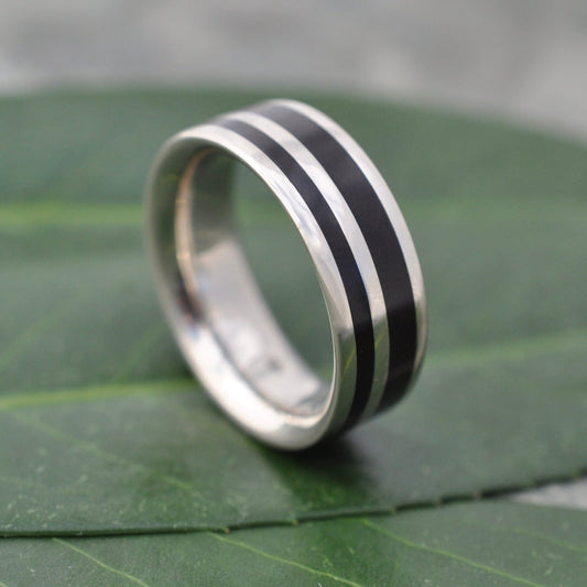 Rayo de Luz Coyol Wood White Gold Wedding Ring White Gold Inlay Wood Wedding Band Mens White Gold Wedding Band Black Wood Ring