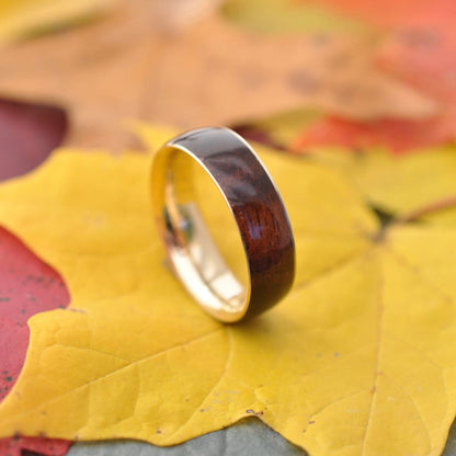 Custom koa wood wedding band with recycled yellow gold, made to order