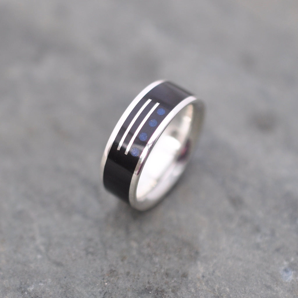 Lapis lazuli and coyol seed ring with Mayan numeral symbols and silver