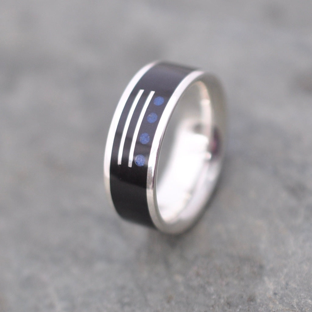 Unique custom lapis lazuli ring with Mayan symbols and sterling silver
