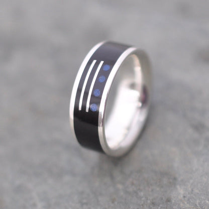 Unique custom lapis lazuli ring with Mayan symbols and sterling silver