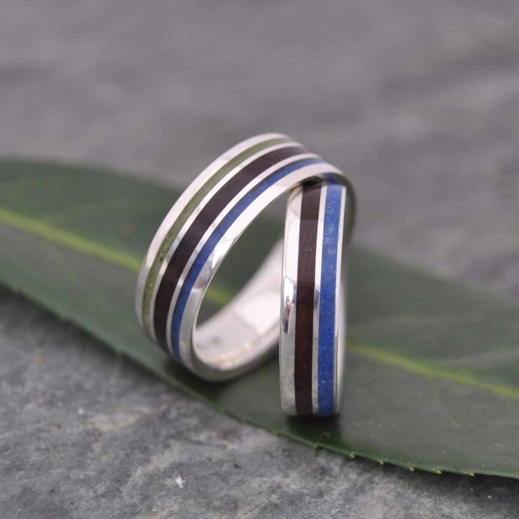 Custom stone and wood ring with lapis lazuli and jade, made to order